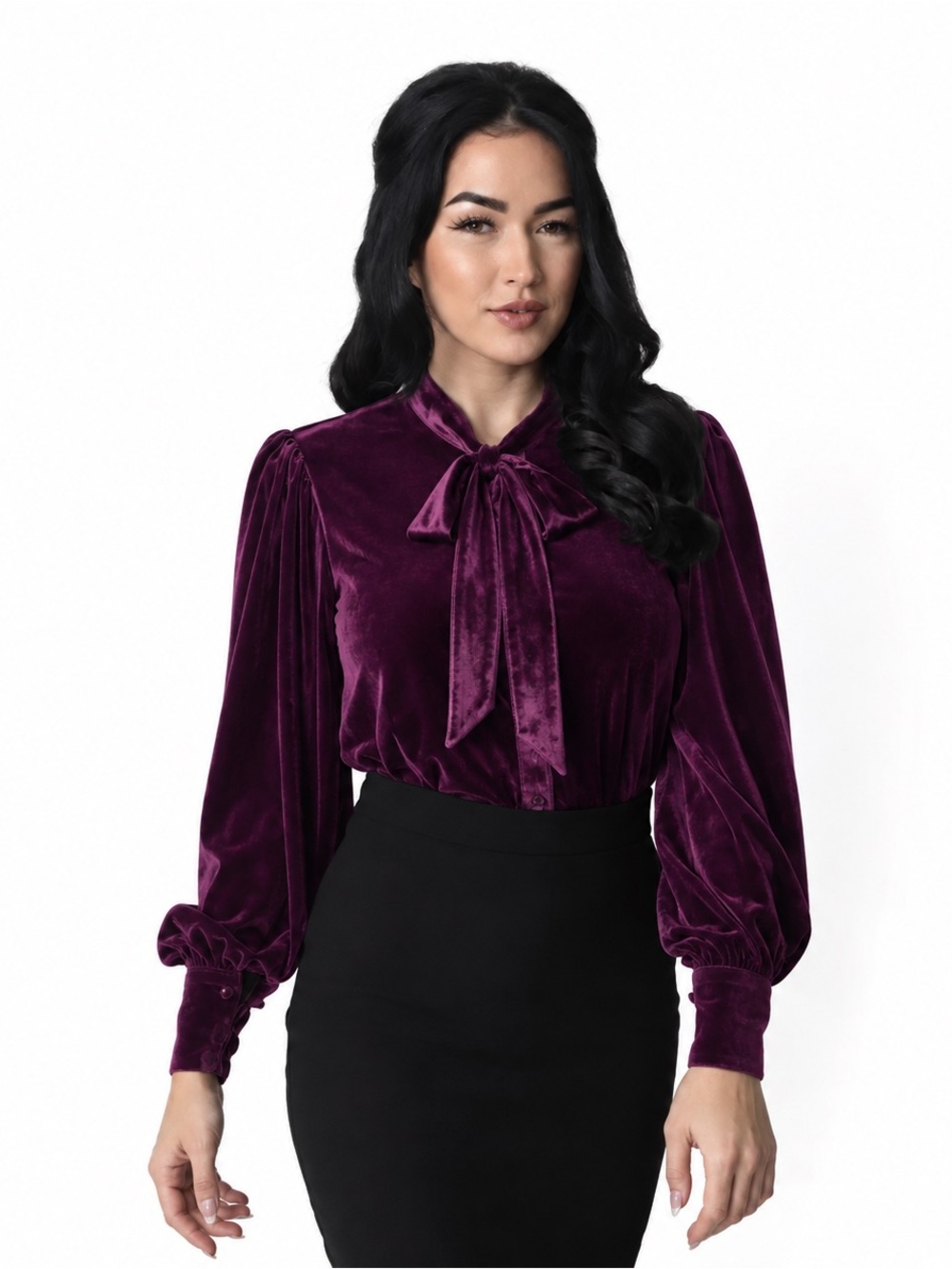 Unique Vintage Velvet Tie-Neck Blouse in Deep Plum - Size L 10/12 - NWT